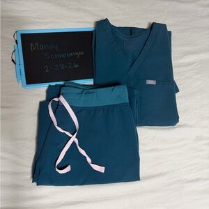 Figs Women's Scrub Set in Teal with Pink Drawstring
